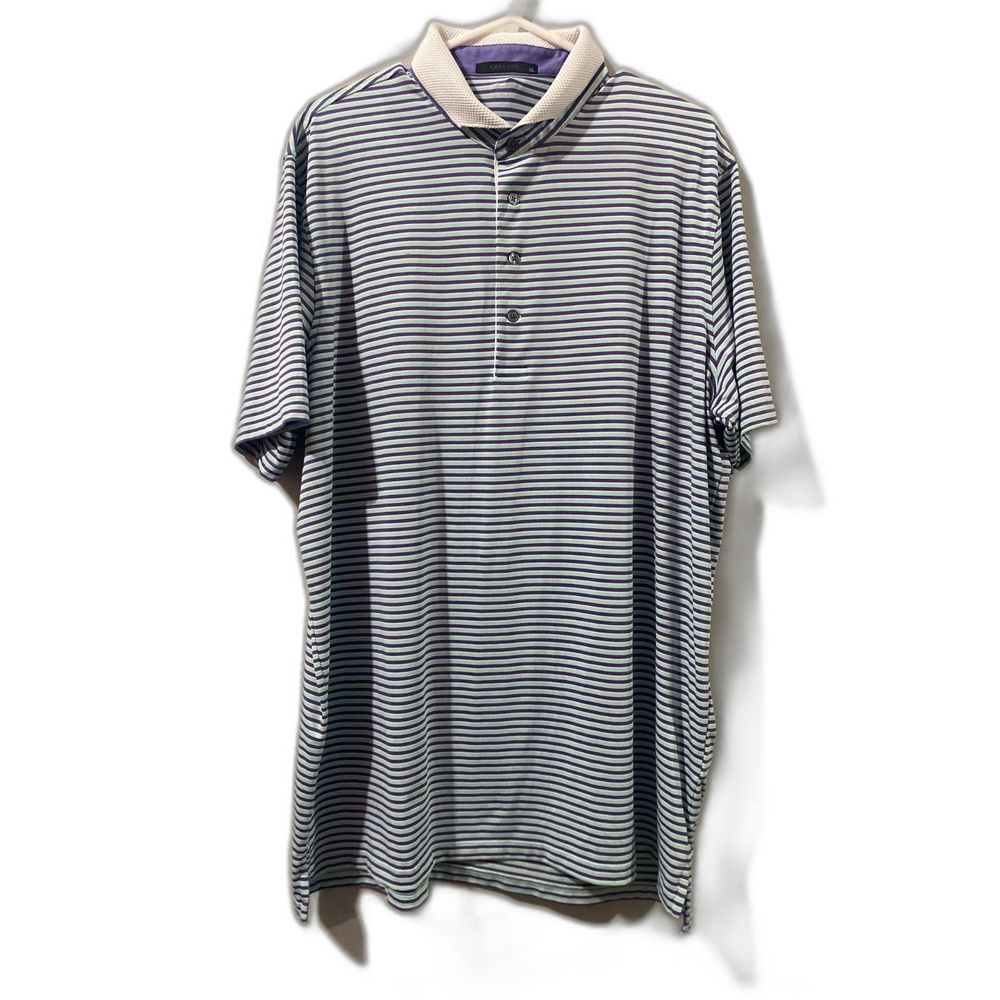 Men's Greyson Performance Golf Polo Shirt Stripe Purple Mint White Size XL